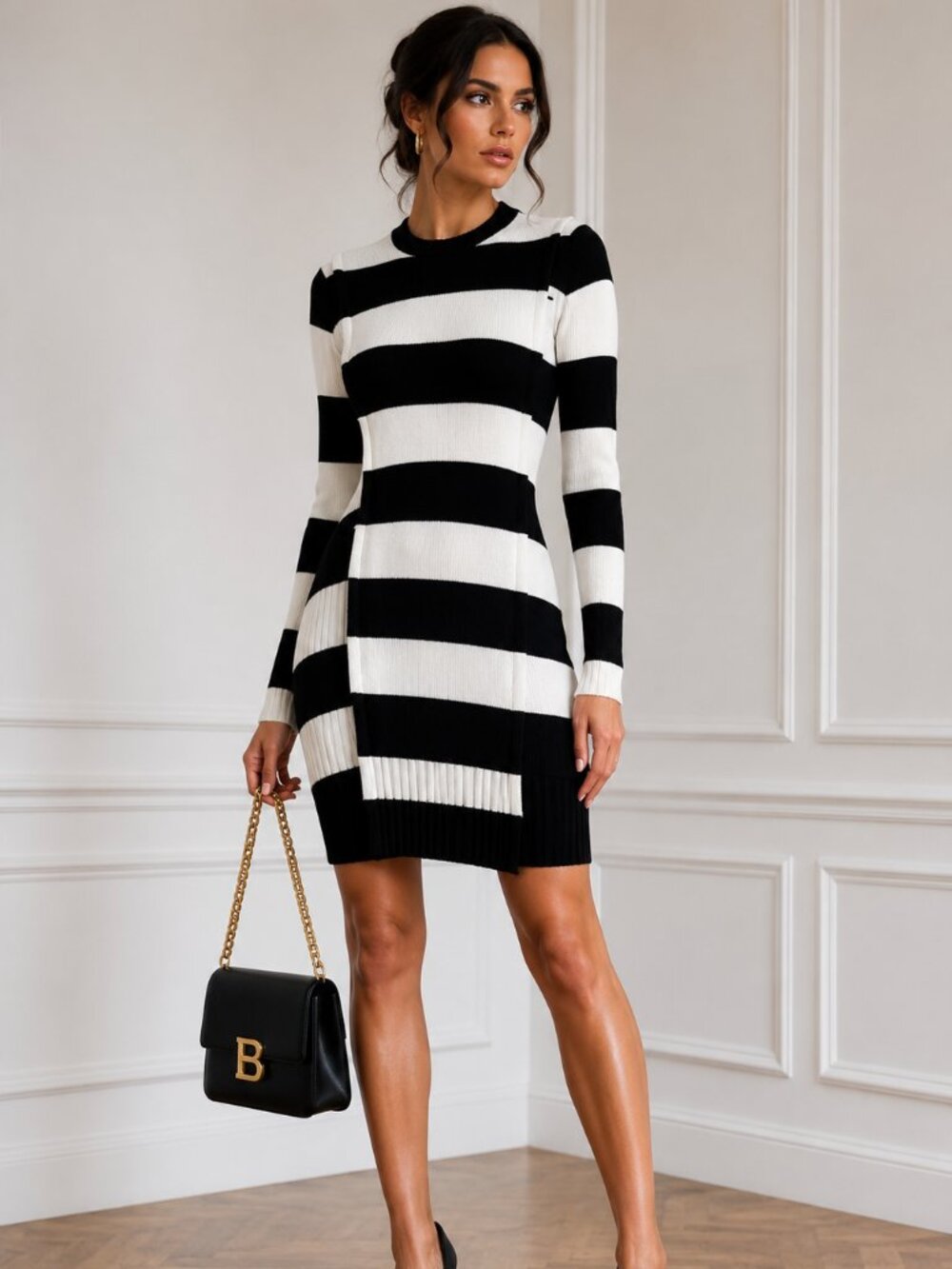 Balmain Paris Black Ivory Striped Merino Wool Knit Dress XS Made in France